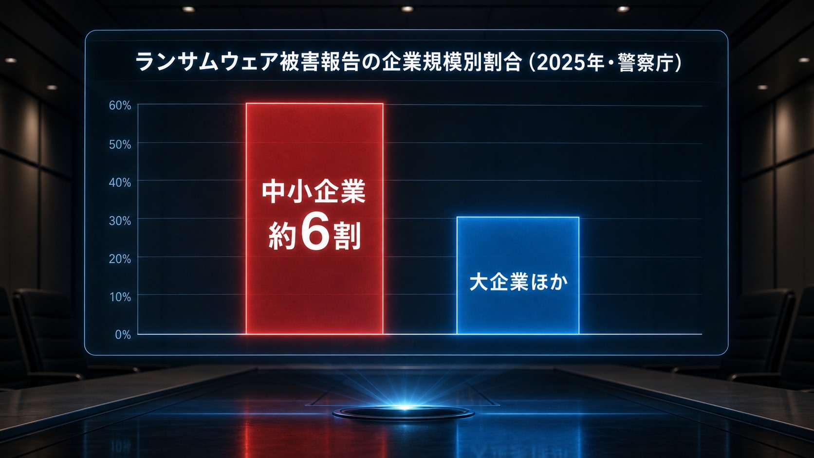 ランサムウェア被害報告に占める中小企業の割合(約6割)を示す棒グラフの図解