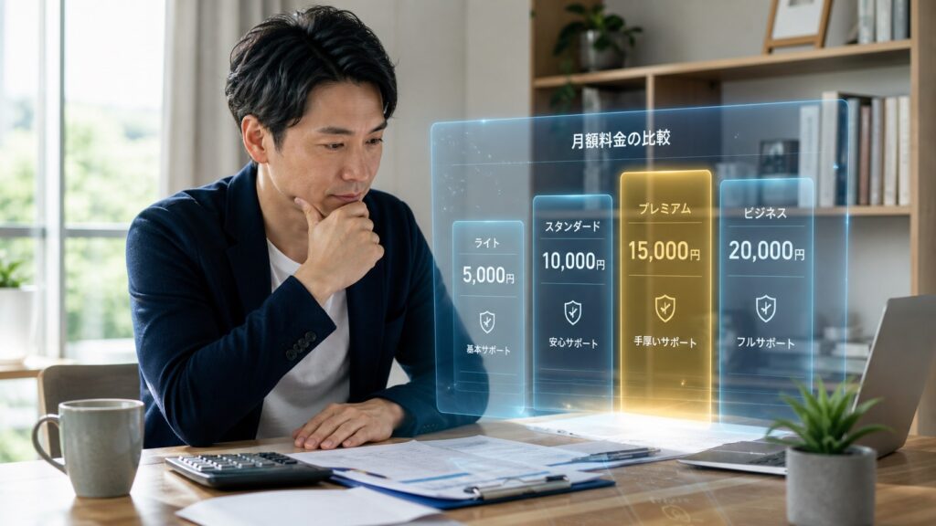 ホームページ保守費用の月額相場と内訳を解説する記事のアイキャッチ。費用を検討する経営者のイメージ