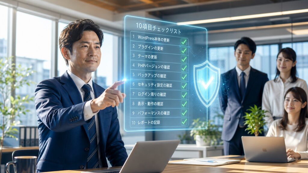 中小企業向けホームページセキュリティ対策チェックリストの記事アイキャッチ。基本10項目を点検するイメージ