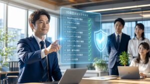 中小企業向けホームページセキュリティ対策チェックリストの記事アイキャッチ。基本10項目を点検するイメージ