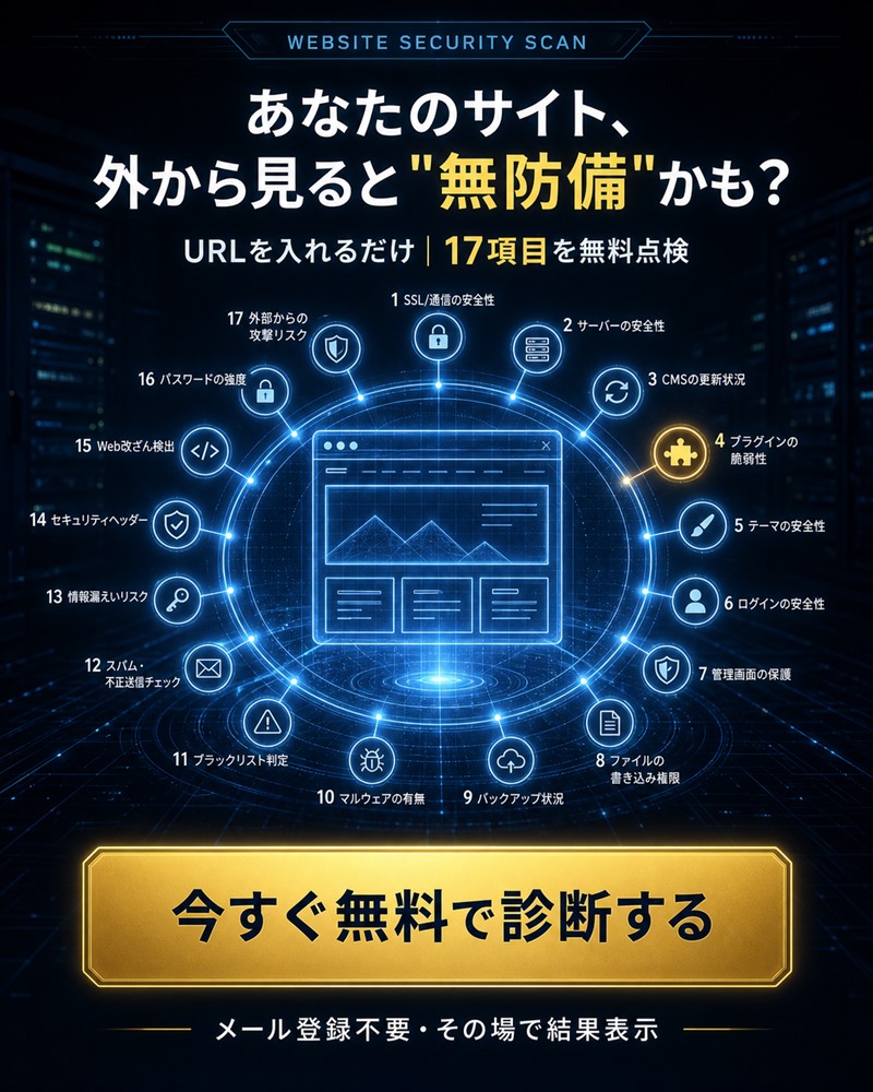 無料WordPress脆弱性診断のバナー。URLを入れるだけで17項目を点検