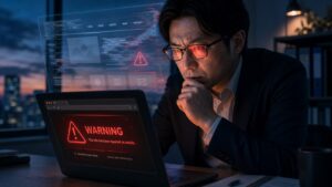 Webサイト改ざんの被害事例と対策を経営者向けに解説する記事のアイキャッチ。ブラウザ警告に気づくイメージ