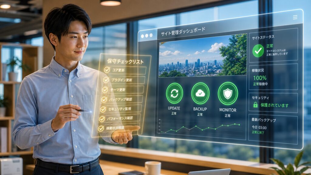 WordPress保守の作業内容と費用相場を経営者向けに解説する記事のアイキャッチ。サイトの定期点検のイメージ