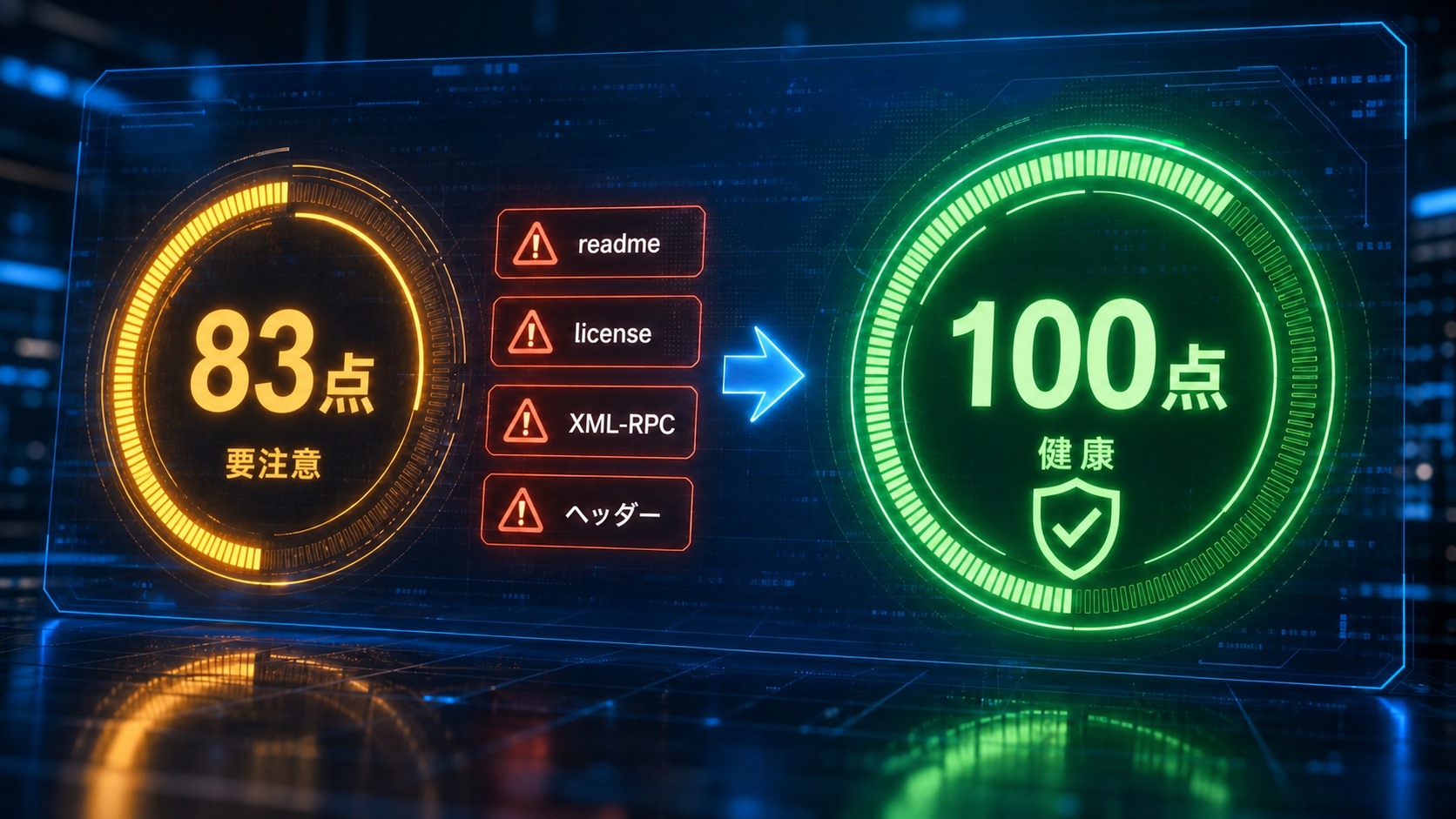 脆弱性診断のスコアが対策前83点(要注意)から対策後100点(健康)に改善した実例の図解
