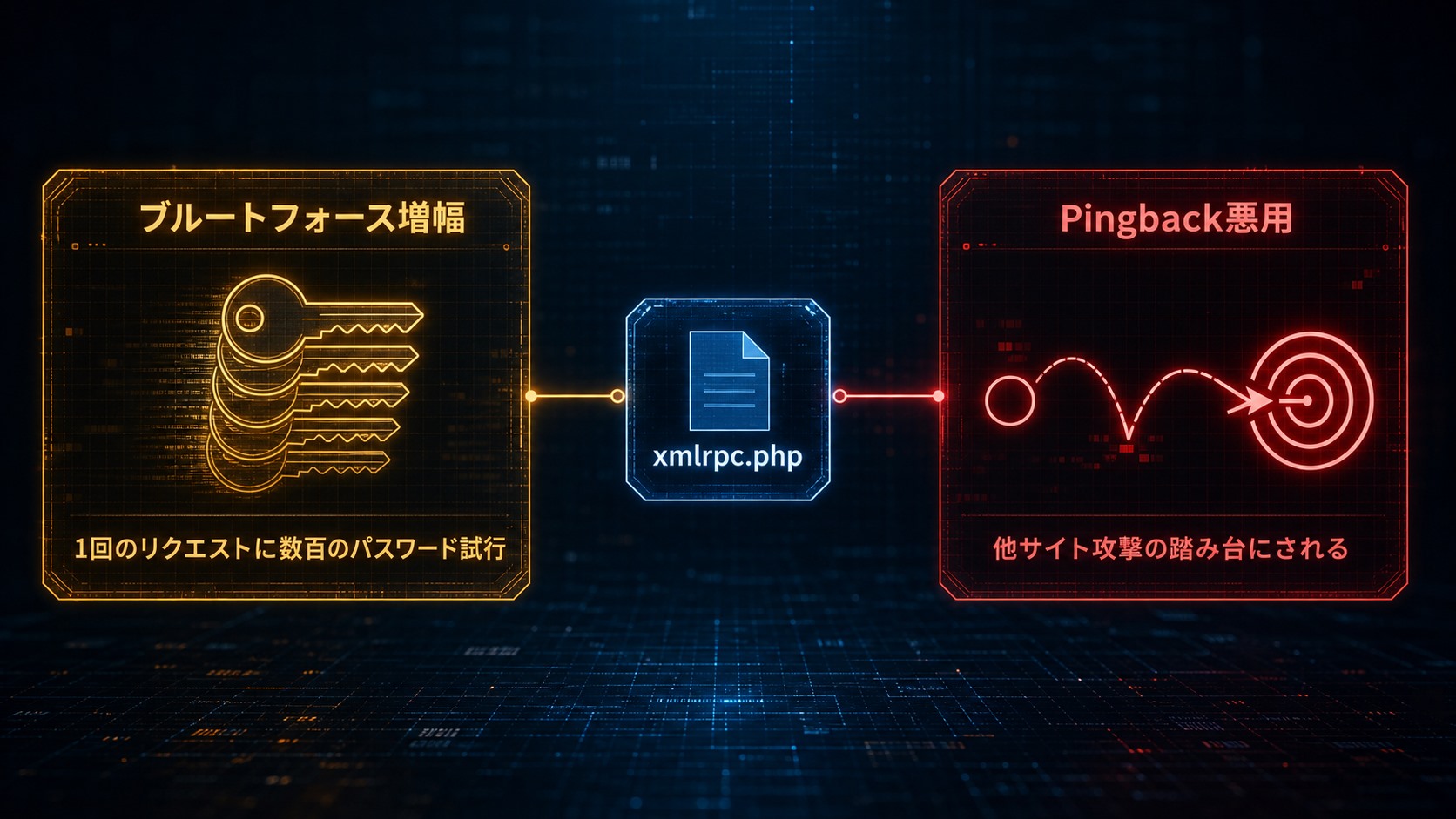xmlrpc.phpを悪用する2つの攻撃(ブルートフォース増幅とPingback悪用)を説明した図解