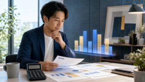 脆弱性診断の費用相場を検討する経営者を描いた記事のアイキャッチ。費用を見比べるイメージ