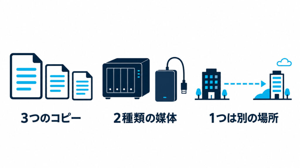 3-2-1ルールの図解。3つのコピー、2種類の媒体、1つは別の場所の3要素を並べたもの