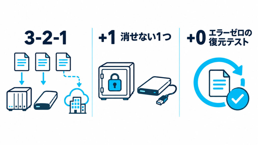 3-2-1-1-0ルールの図解。3-2-1に「消せない1つ」と「エラーゼロの復元テスト」を足した構成
