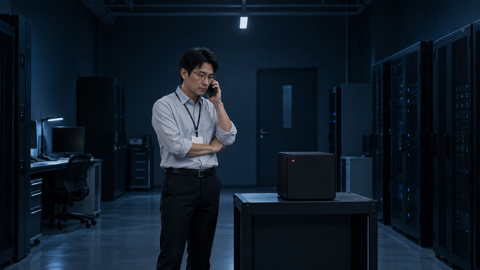停止したNASの前で電話で復旧業者に相談する社員証を下げたIT担当者（暗いサーバールーム・文字なし）
