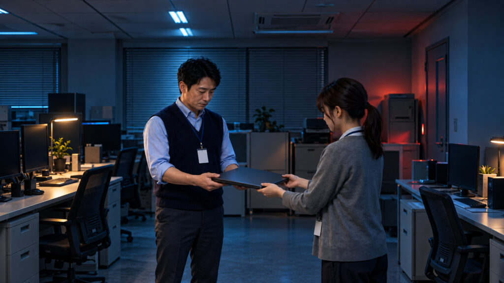 小さな事務所で、担当者が社員から動かなくなった無地のノートパソコンを両手で受け取っている