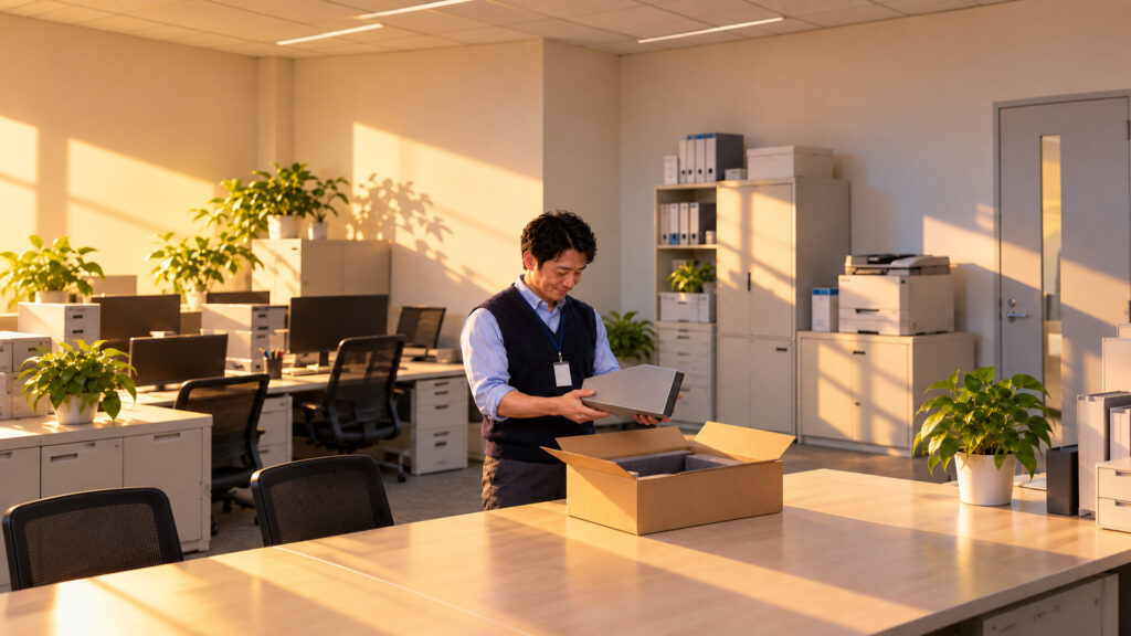 朝の明るい小さな事務所で、担当者が戻ってきた無地の段ボール箱から外付けハードディスクを取り出し、ほっとした表情を見せている