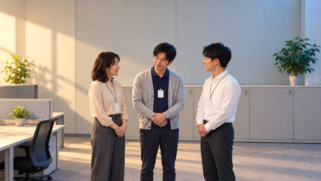 朝の明るい事務所で、担当者が同僚2人と立ち話をしながら、穏やかにうなずき合っている
