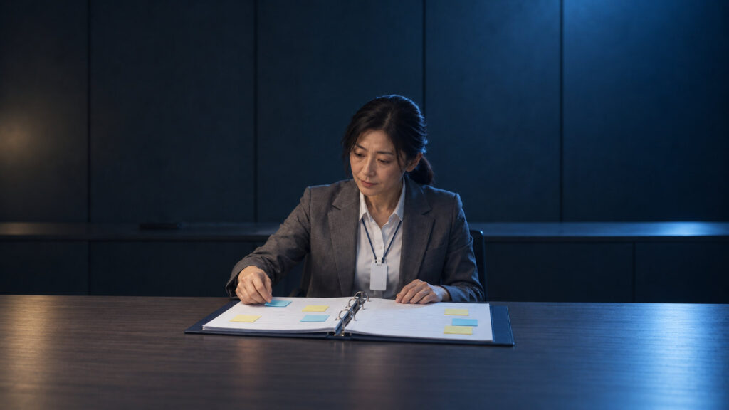 小さな事務所の机で、担当者が開いた無地のバインダーの項目に、色付きの無地の付箋を一枚ずつ貼りながら確かめている