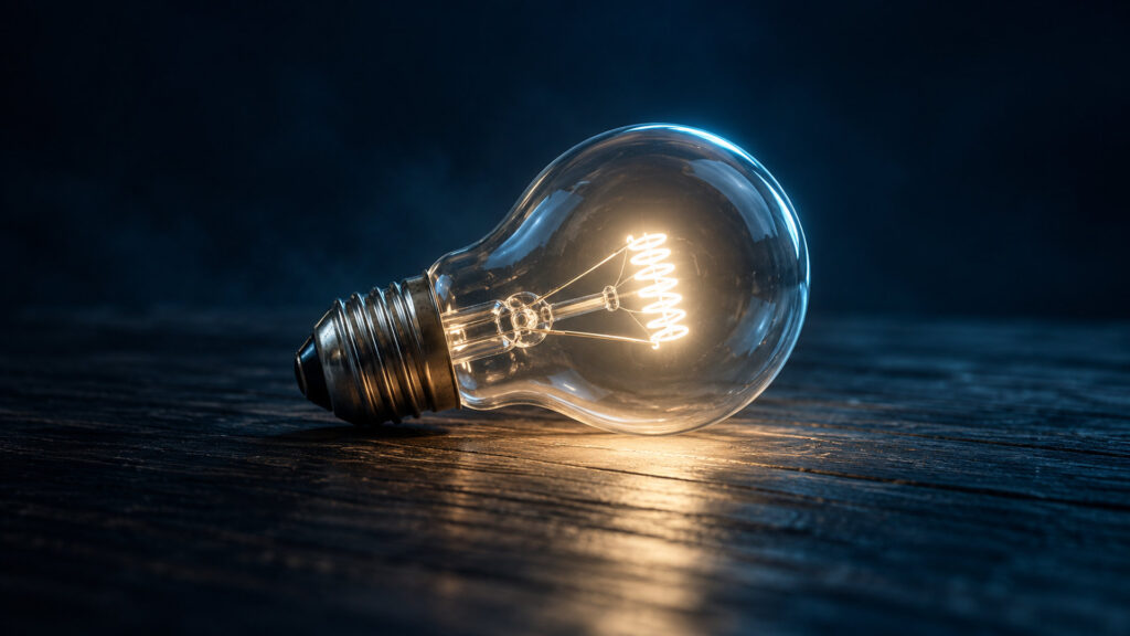 暗い机の上に置かれた無地の電球が、やわらかく灯って周りを照らしている静物のイラスト(文字なし)