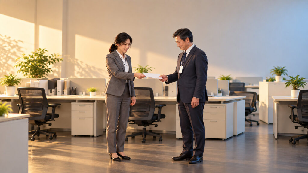 朝の明るい事務所で、担当者が上司に1枚の無地の書類を手渡し、上司が穏やかにうなずいている