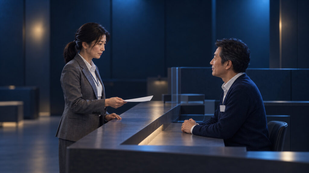 落ち着いた相談窓口のカウンターで、担当者が無地の書類を見せながら、窓口の職員に穏やかに相談している(看板・文字なし)