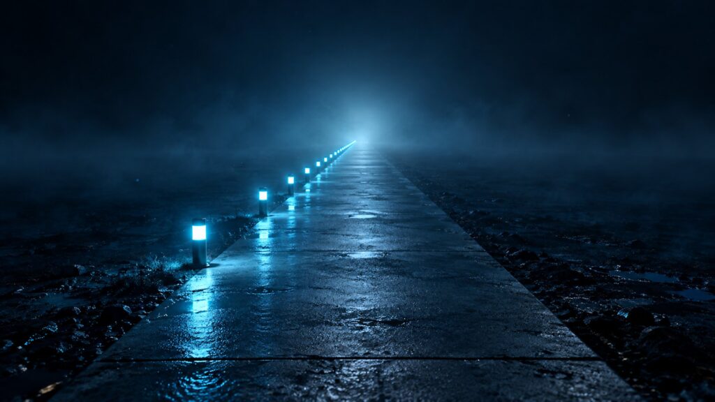 夜の霧の中、まっすぐな道の脇に、青い小さな道しるべの灯りが等間隔に続いている風景(相談先の比喩・文字なし)