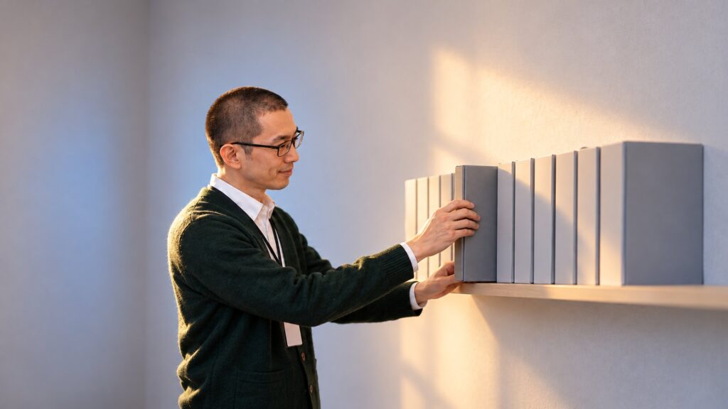 朝の明るい小さな事務所で、情シス担当者が壁際の棚に無地のファイルを戻し、ほっとした表情を見せている