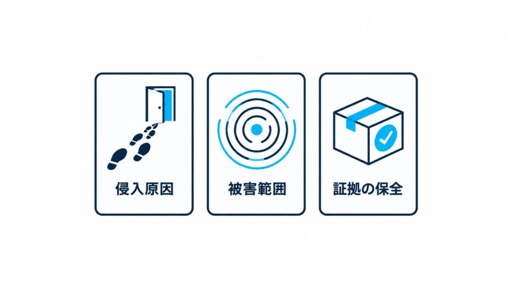 フォレンジック調査で分かる3つのことを、3枚のカードで横に並べた白背景の図解(日本語ラベル3個:侵入原因・被害範囲・証拠の保全)