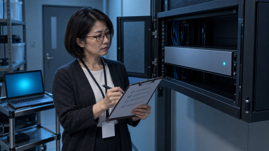 バックアップ機器の前でチェックリストを確認する社員証を下げた日本人の情シス担当者