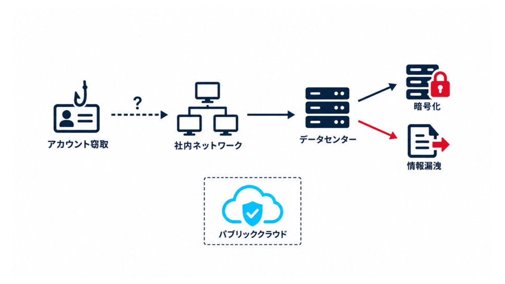 KADOKAWAが推測として公表した侵入の流れの図:盗まれた従業員アカウントから社内ネットワーク、データセンターの仮想マシンの暗号化と情報漏洩へ。パブリッククラウドは別枠