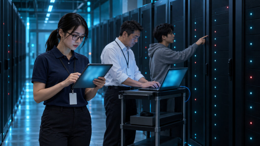 新しいサーバールームで、日本人エンジニア3人がサーバーを1台ずつ確認しながら作業している様子(画面の文字は判読できない)