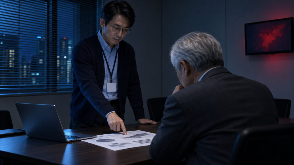 会議室で、社員証を下げた30〜40代の情シス担当者が経営者に資料を示して説明している。深刻だが落ち着いた表情(文字なし)