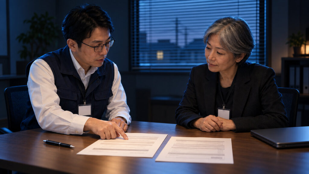 小さな会議室で、情シス担当者とデータ復旧業者の技術者が、判読できない契約書類と見積書を一緒に確かめている
