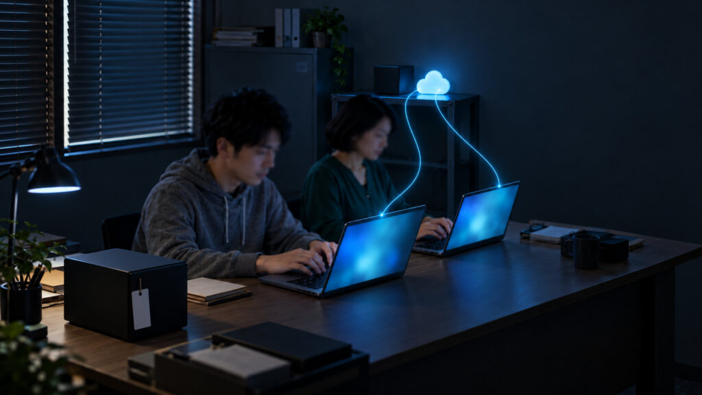 停止して札の付いたNASが机の端に置かれたまま、社員が別の保存先から戻したデータでノートパソコンの作業を続けている事務所