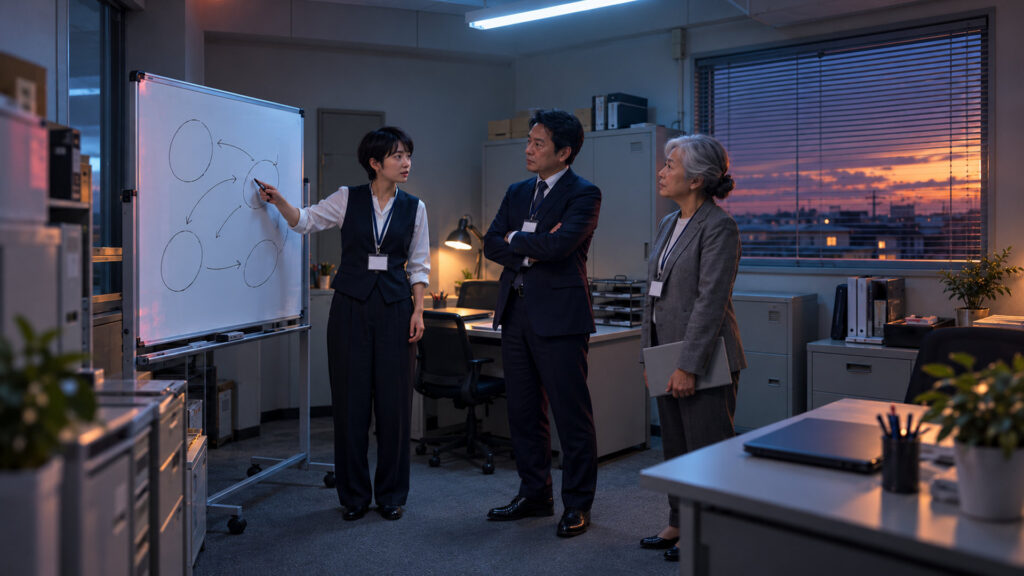 事務所のホワイトボード（判読できない線と矢印）の前で、担当者が立ったまま上司2人に状況を説明している