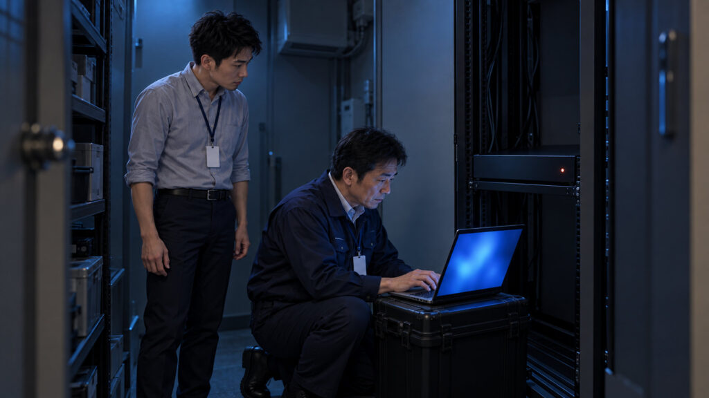 小さなサーバー置き場で、出張に来たデータ復旧業者の技術者がノートパソコンで機器を診断し、担当者がそばで説明を聞いている
