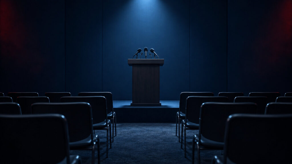 ロゴのない記者会見場に並ぶマイクと空席の演台(特定の企業を想起させない)