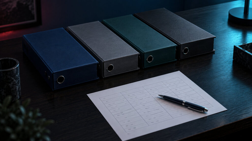 机の上に並べられた4冊の事故報告書のファイルと比較表の用紙(文字は判読できない・人物なし)