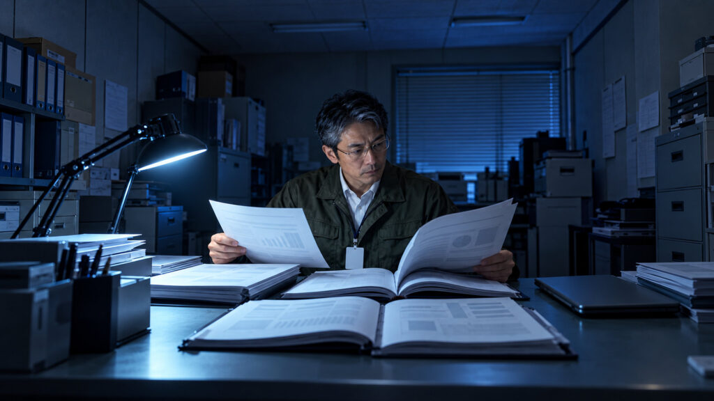 小さな事務所の机で、担当者が判読できない調査報告書の束を読み比べている