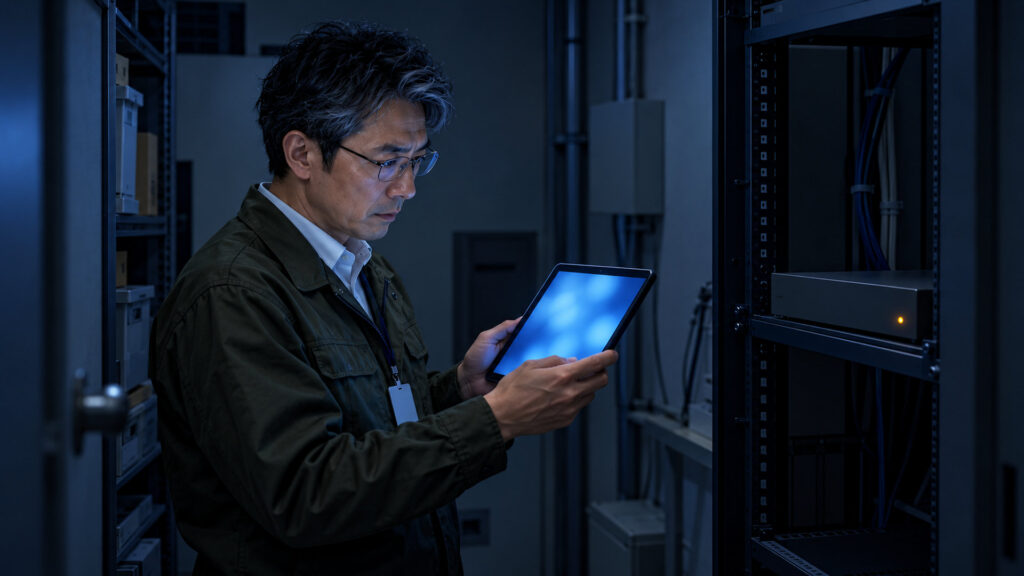 小さなサーバー置き場で、担当者が無地のネットワーク機器のランプとタブレットの画面を見比べて点検している