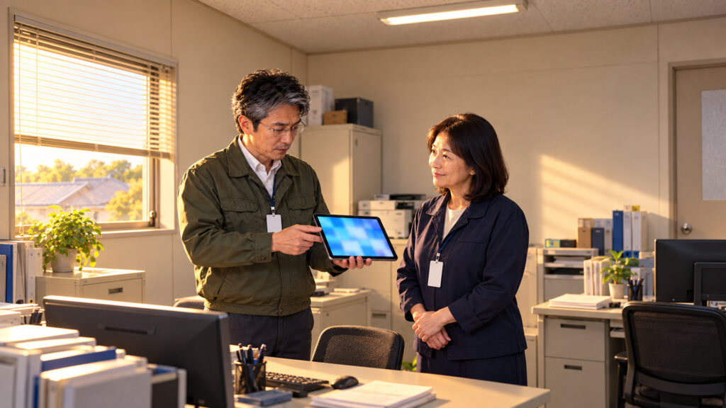 朝の明るい事務所で、担当者が上司にタブレットを見せながら点検の結果を説明し、上司が穏やかにうなずいている