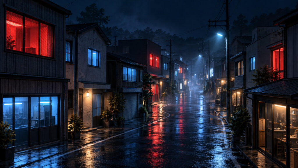 夜の通りに並ぶ小さな低層の建物のうち、いくつかの窓だけが赤く光っている様子（中小企業の被害の比喩・看板や文字なし）
