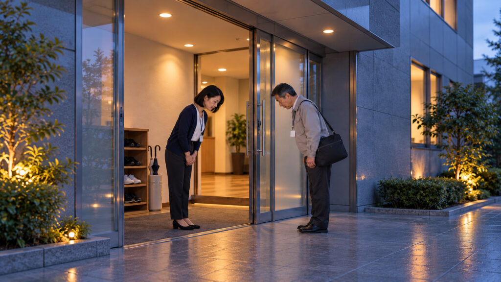 小さな事務所の入口で、担当者が訪ねてきた外部の支援員を出迎え、互いに軽く会釈している