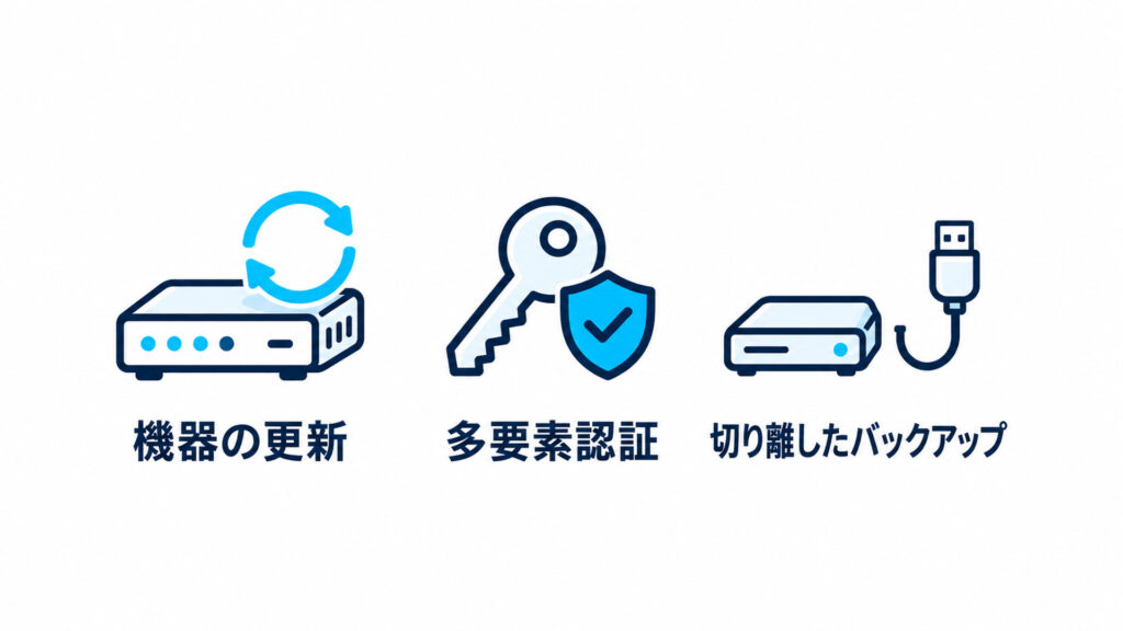 最初にやる3つの対策を並べた白背景の図解（日本語ラベル3個：機器の更新・多要素認証・切り離したバックアップ）