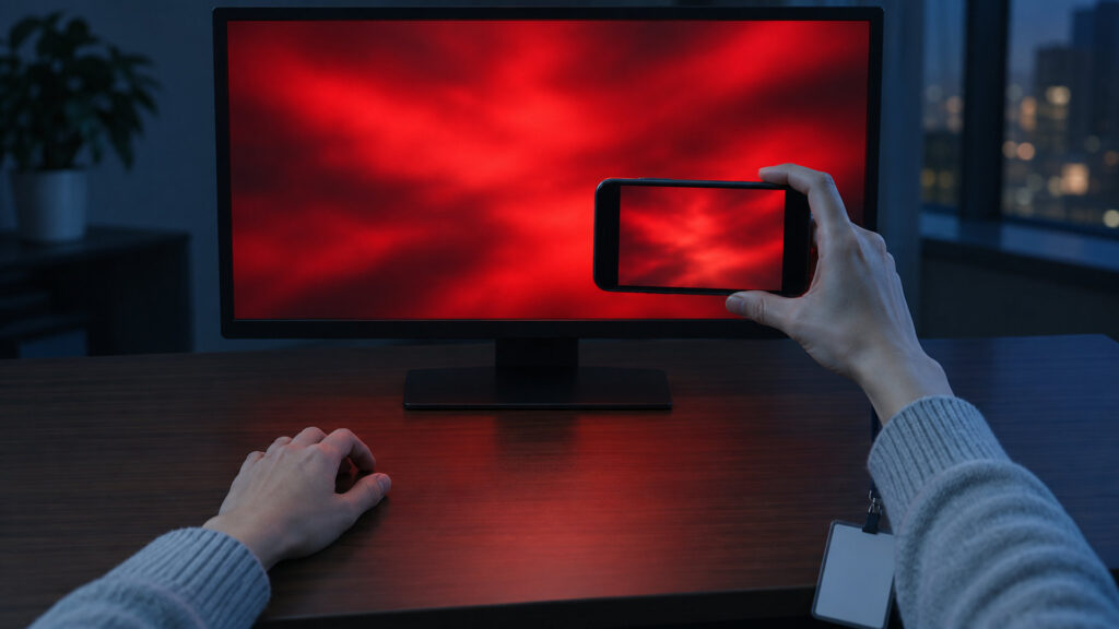社員証を下げた担当者の手元が、脅迫文の出たパソコンの画面をスマホで撮影している