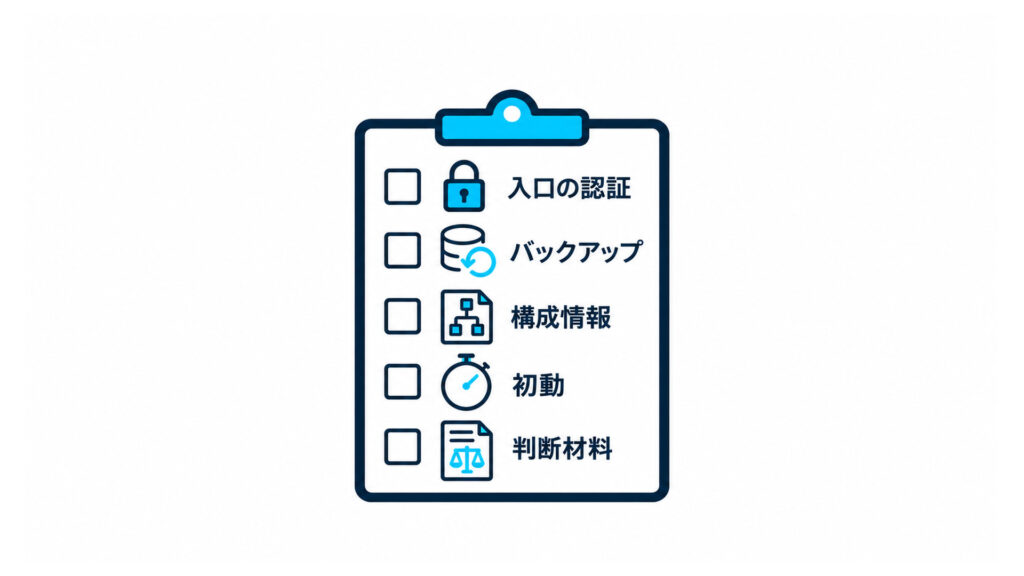 白背景のチェックリストの図解。日本語ラベル5つ:入口の認証・バックアップ・構成情報・初動・判断材料