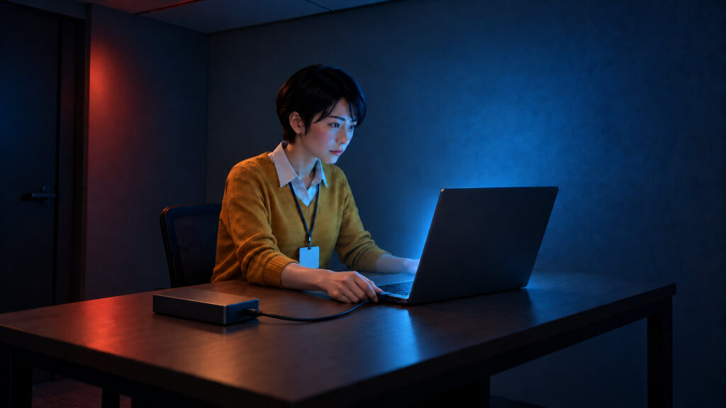 ネットワークから外した1台のノートパソコンに、担当者が無地の外付けハードディスクをつなぎ、中身を慎重に確かめている