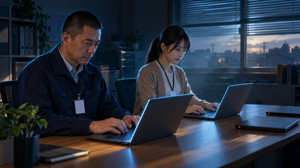 事務所で、外部の技術者と担当者が初期化したノートパソコンを設定し直し、机の端には赤いランプの付いた未処理のパソコンが置かれている復旧作業の現場