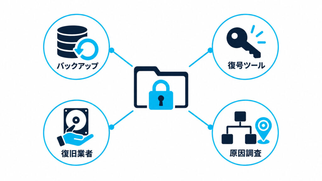 身代金を払わずに復旧する4つのルートを示す白背景の図解(日本語ラベル:バックアップ・復号ツール・復旧業者・原因調査)
