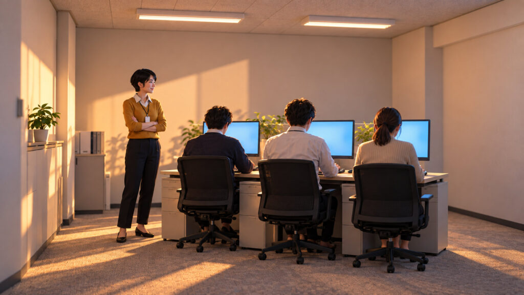 朝の明るい小さな事務所で、社員たちがいつもどおりパソコンに向かう様子を、担当者が部屋の後ろから穏やかに見守っている