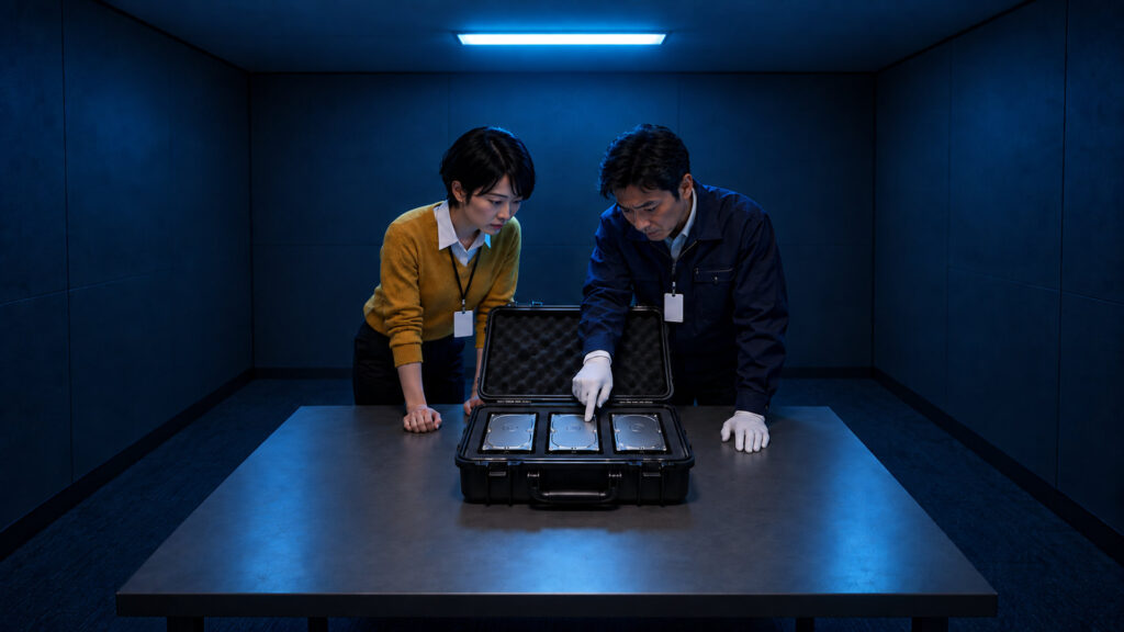 窓のない小さな部屋で、担当者とデータ復旧業者の技術者が、机の上の開いたケースに並ぶ無地のハードディスクを一緒にのぞき込んでいる