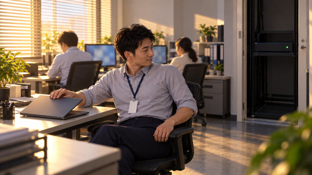 朝の明るい事務所で、担当者がノートパソコンを閉じてほっとした表情を見せ、後ろで同僚が普段どおり仕事を始めている