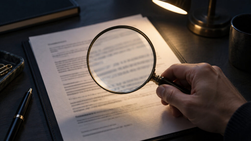 薄暗い机の上の不鮮明な契約書を虫眼鏡で確かめる手元