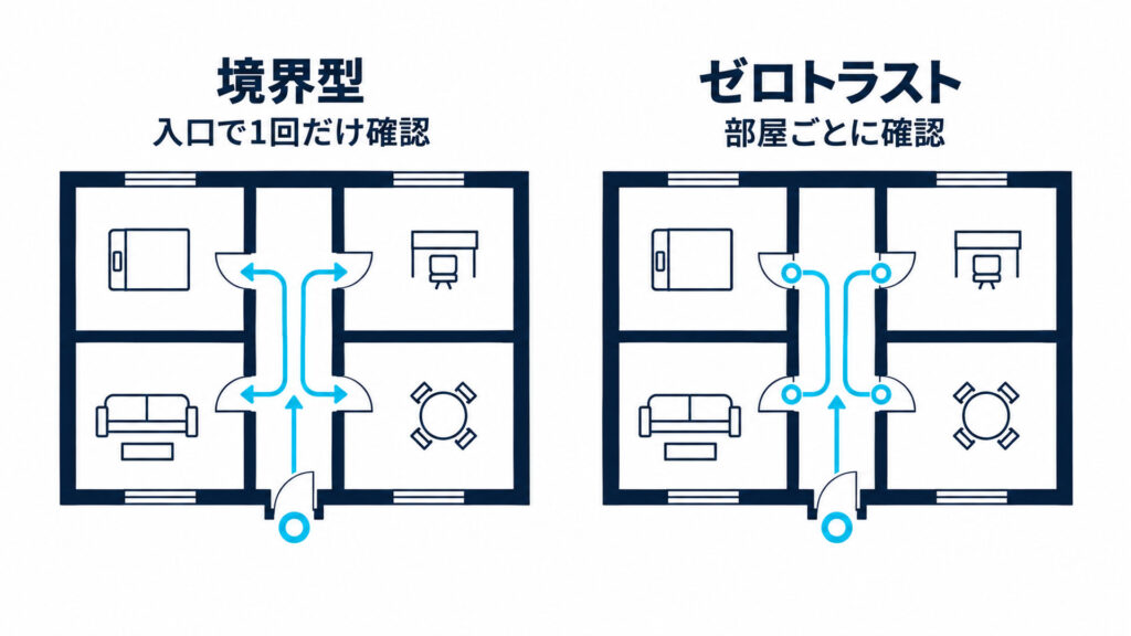 入口で一度だけ確かめる建物と、部屋ごとに確かめる建物を並べて、境界型とゼロトラストの確認のしかたの違いを示した図解
