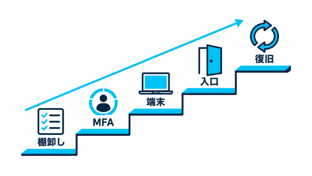 棚卸し・MFA・端末・入口・復旧の5段の階段を、左下から右上へ上っていく流れで示した白背景の図解